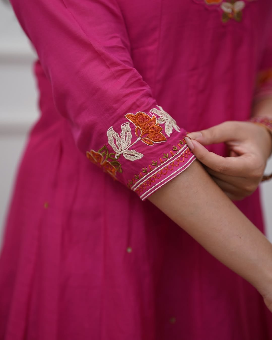 Pink Cotton Anarkali Suit Set with Mirror Work